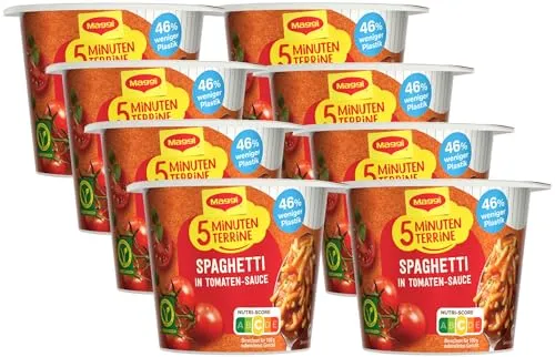 MAGGI 5 Minuten Terrine Spaghetti in Tomaten-Sauce, leckeres Fertiggericht mit Instant Nudeln, Pasta-Snack in fruchtiger Sauce, vegetarisch, 8er Pack (8 x 60g)