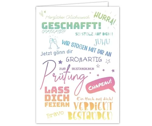 PICTALOO Glückwunschkarte zur bestandenen Prüfung – kreative Grußkarte für den Schulabschluss, Abi, Ausbildung und mehr (Bunt) - FEIERLICHE GRATULATION: Diese hochwertige Karte ist perfekt, um besondere Leistungen zu würdigen und Freude zu verbreiten. IDEALES GESCHENK: Ideal als Einzelgeschenk oder in Kombination mit einer Überraschung, um den Erfolg gebührend zu feiern.
