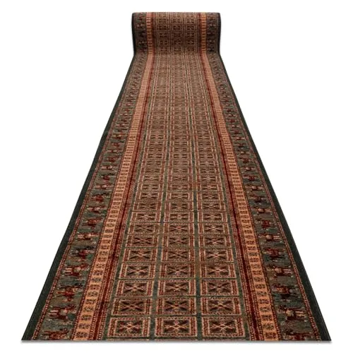 Wolle Läufer KASHQAI 4301/401 orientalisch, Rahmen grün/Terrakotta 67x970 cm