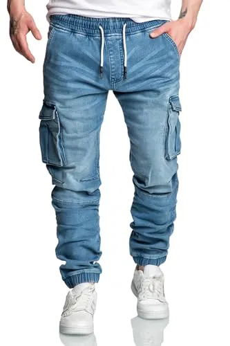 Amaci&Sons Herren Sweathose in Stretch Denim – Cargo Jogging Jeans 7024 Hellblau W30 - Stylische Jeans in Stretch Denim, perfekt für lässige Outfits und hohen Tragekomfort – ideal für den Alltag.