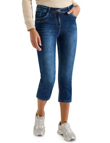 Cecil 3/4 Slim Leg Jeans im Casual Fit - Mid Blue Used Wash - Stilvolle 3/4 Jeans mit Slim Fit für einen lässigen Look. Hoher Tragekomfort und modische Used-Waschung machen sie zum idealen Begleiter für warme Tage.
