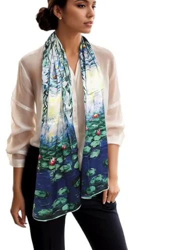 Prettystern Damen 160cm Kunstdrucke Seidenmalerei Handgerollt blau Seidenschal Claude Monet - Seerosen/Water Lilies P538