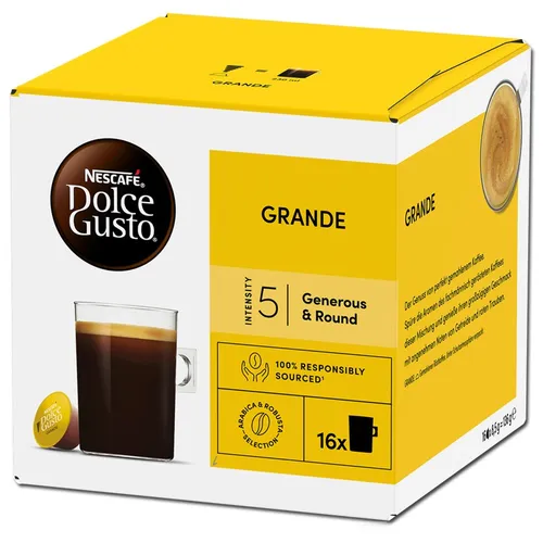 NESCAFÉ DOLCE GUSTO Grande Generous & Round Kaffeekapseln, mild, 16 Stück - Milde Kaffeekapseln für NESCAFÉ DOLCE GUSTO. Genießen Sie eine ausgewogene Tasse Kaffee mit sanftem Aroma. Ideal für entspannte Momente – schnell zubereitet und zuverlässig im Geschmack.