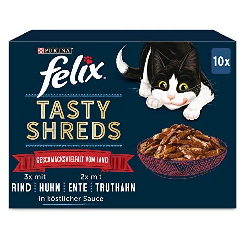 Felix Tasty Shreds Katzenfutter nass in Sauce, Geschmacksvielfalt vom Land, 6er Pack (6 x 10 Beutel à 80g)