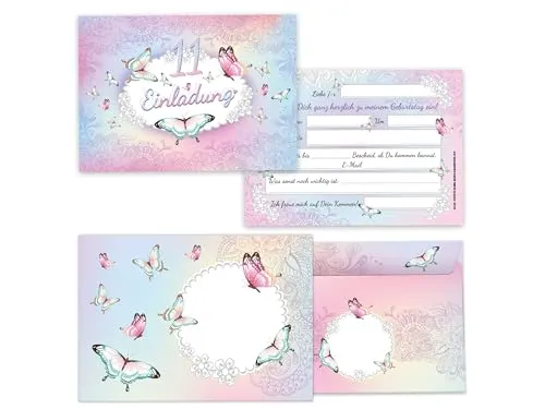 Limonia 12 Einladungskarten incl. 12 Umschläge zum 11. Kindergeburtstag Einladung Geburtstag Mädchen Schmetterling Blumen