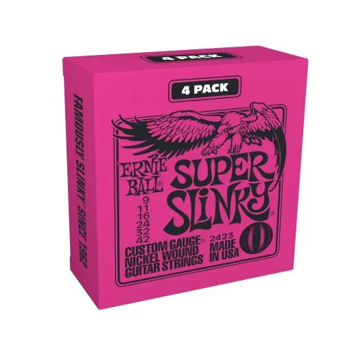 Ernie Ball Super Slinky Nickel Wound E-Gitarrensaiten, 4er-Pack, Stärke 9-42