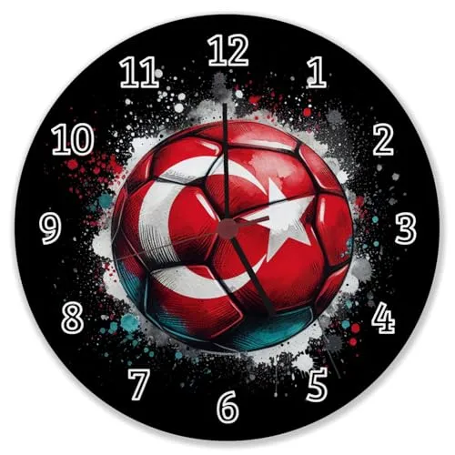 speecheese Fußball Türkei Flagge Wanduhr Perfekt für die EM 2024 Sportliche Wanduhr in Rot-Weiß mit Stern und Ball-Design