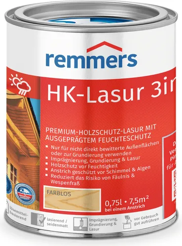 Remmers HK-Lasur 3in1 farblos, 0,75 Liter - Beizen – Exzellenter 3-in-1 Holzschutz für außen: Imprägnierung, Grundierung und Lasur in einem, ideal für Zäune und Gartenhäuser, schützt vor Feuchtigkeit und UV-Strahlung.