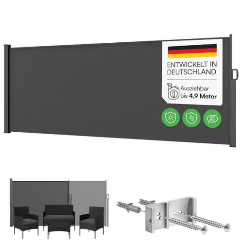 STEELSØN Seitenmarkise Zirella 200x500cm - Ausziehbarer Sichtschutz für Balkon und Garten - Gartensichtschutz: Die 200 x 500 cm große Seitenmarkise bietet blickdichten Schutz und ist aus langlebigem, wasserabweisendem Polyester mit hochwertiger Aluminiumhalterung.