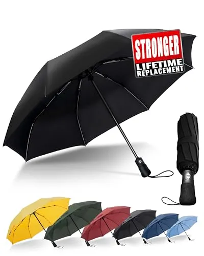 Chakipee Kompakter Reise Regenschirm Groß Sturmfest – Automatik Taschenschirm für Herren und Damen, Tragbarer 210T-Stoff 106 cm Spannweite 8 Rippen Schirm Schwarz