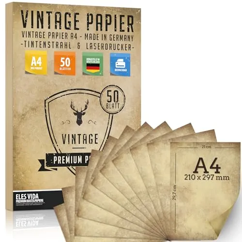 Stück Altes Papier 100g/qm DIY DIN A4 Antik Briefpapier beidseitig Druck Kommunion, Papierrolle für Landkarte, Kinder Schatzsuche, Historische Einladungen, Auszeichnungen - DEUTSCHE HERSTELLUNG 50