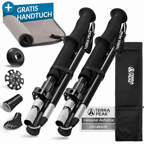 Terra Peak Wanderstöcke Roam 130 - Ultraleichte und faltbare Wanderstöcke mit verlängerten EVA-Griffen, ideal für Wanderungen und Nordic Walking. Inklusive Tragetasche und 4 zusätzlichen Aufsätzen.