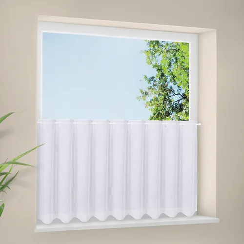 Gerster Scheibengardine Delia - Fertiggardinen, transparente Bistrogardine mit viereckigen Durchzuglöchern, ideal für individuelle Fensterdekoration und in drei Höhen erhältlich.