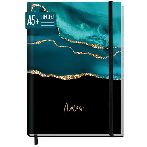 paper&you® Notizbuch A5+ liniert mit Gummiband "Shiny Teal" 156 Seiten, 78 Blatt - als Bullet Journal, Tagebuch, Notizheft - nachhaltig & klimafreundlich