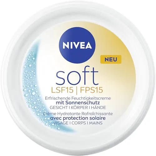 NIVEA Soft Erfrischende Feuchtigkeitscreme mit LSF 15 - Sonnenschutzmittel mit UVB- & UVA-Schutz, spendet 48h Feuchtigkeit und zieht schnell ein – für eine gesunde, strahlende Haut.