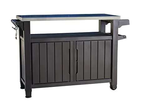 Keter Unity XL BBQ Beistelltisch, grau - Grillgestell mit wetterfester Edelstahl-Arbeitsplatte, ideal für BBQs. Bietet viel Stauraum für Utensilien und Gasflaschen, perfekt für den Frühlingsgrill!