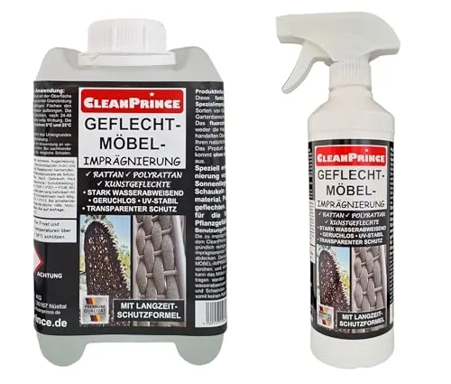 CleanPrince Möbel-Imprägnierung 2,5 Liter für Rattan & Polyrattan - Transparent und UV-stabil, schützt Ihre Gartenmöbel vor Schmutz und Wasser. Ideal für Sonnenliegen und Stühle – garantiert langanhaltende Qualität ohne unangenehme Gerüche.