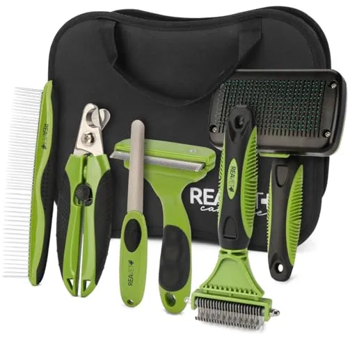 ReaVET Professionelles Hundebürste Fellpflege-Set 6-teilig - Umfassendes 6-teiliges Pflegeset für Hunde und Katzen, inklusive Unterwollbürste und Krallenschere, fördert das Wohlbefinden und die Fellpflege.