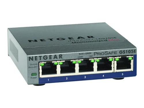 Netgear GS105E Switch II - 5-Port Gigabit Switch für zuverlässige Netzwerkanbindung, kompakt und ideal für den Desktop-Einsatz. Mit einfacher Installation und stabiler Leistung für kleine Büros oder Home-Offices.