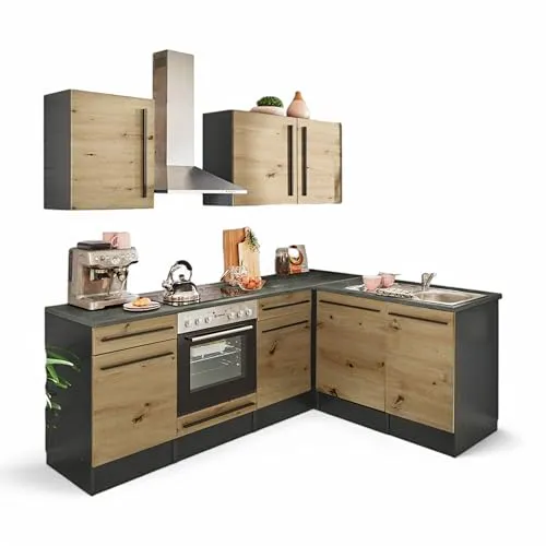 BASIC by Balculina Winkelküche Jazz 220x175 cm - Moderne Küchenzeile mit wahlweise E-Geräten, viel Stauraum und farblich abgesetzter Arbeitsplatte. Ideal für kleine Räume!