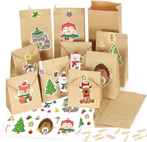 Adventskalender zum Befüllen für Kinder - 24 Tüten mit DIY Weihnachtstieren - Kreativer Adventskalender für Kinder, ideal zum Befüllen mit kleinen Überraschungen. Fördert die Vorfreude auf Weihnachten!