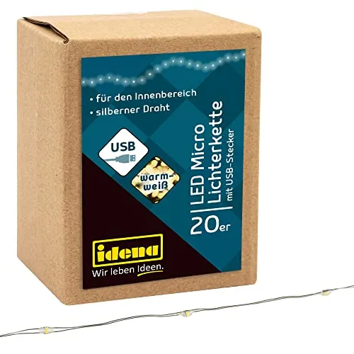 Idena LED-Lichterkette 30256 - 20 Warmweiß LEDs mit USB - Die flexible Micro Lichterkette mit USB-Stecker sorgt für stimmungsvolle Beleuchtung überall. Ideal für den Einsatz mit Laptops oder Powerbanks, um jederzeit eine gemütliche Atmosphäre zu schaffen.