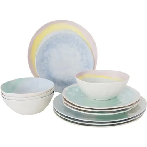 BO-CAMP Melamin Geschirr Set Barfleur - 12-teiliges Essgeschirr für 4 Personen, ideal für Camping und Picknick mit verspieltem Pastelldesign.