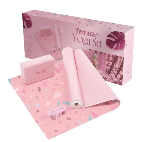 Myga Yoga Starter Kit | Komplettes Set mit Yogamatte, Yogablock & Gurt | rutschfest & Unterstützend | Ideal für Anfänger & Zuhause sowie Reisen | Unterschiedliche Druck Designs