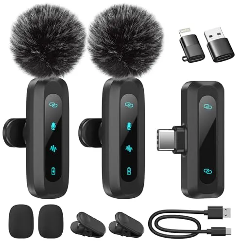 Kabelloses Lavalier-Mikrofon für iPhone und Android – 2er-Pack mit Rauschunterdrückung - Erleben Sie klare Audioaufnahmen mit unserem kabellosen Lavalier-Mikrofon-Set. Ideal für Vlogging und Live-Streams, bietet es automatisches Pairing und eine Akkulaufzeit von bis zu 14 Stunden. Perfekt für kreative Inhalte!