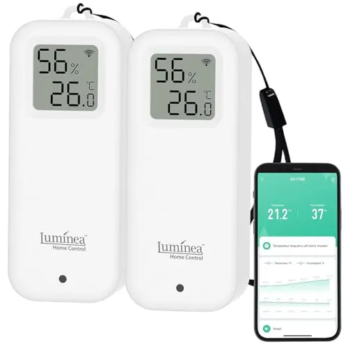 Luminea Home Control WiFi Thermometer außen: 2er-Set mit Display - Hygrometer mit WLAN-Temperatur- und Luftfeuchtigkeitssensor für präzise Messungen, kompatibel mit Alexa und Google Assistant, ideal für Smart-Home-Anwendungen.