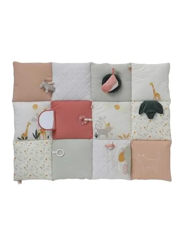 VERTBAUDET Baby Activity-Decke ROSA SAVANIA - Vielfältige Activity-Decke im Patchwork-Design mit 12 bunten Vierecken. Entdecken Sie verschiedene Spielmöglichkeiten, darunter Spiegel, bunte Bänder und 3D-Applikationen für spielerisches Lernen.