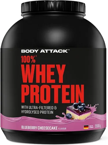 Body Attack 100% Whey Protein Blueberry Cheesecake - 2 kg - Cremiges Eiweißpulver mit Hydrolysat & BCAA's für Sportler. Ideal für intensive Workouts und schnelle Nährstoffaufnahme. Frei von Aspartam und Gluten, in 16 köstlichen Geschmacksrichtungen.