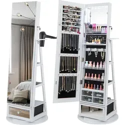 COSTWAY 360° drehbarer Schmuckschrank mit Ganzkörperspiegel und LED-Beleuchtung (Weiß) - Der elegante Schmuckschrank bietet mit 108 Fächern und einem 140 cm großen Spiegel viel Platz für Ihre Schmuckstücke. Das stilvolle Design mit LED-Beleuchtung sorgt für optimale Sichtbarkeit und organisiert Ihre Schätze perfekt.