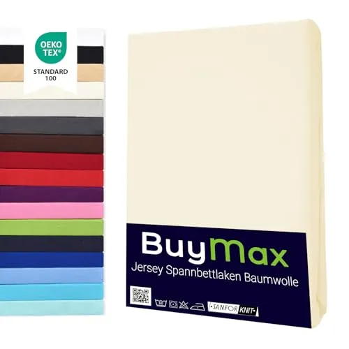 Buymax Spannbettlaken 160x200cm Baumwolle 100% Spannbetttuch Bettlaken Jersey, Matratzenhöhe bis 25 cm, Farbe Beige