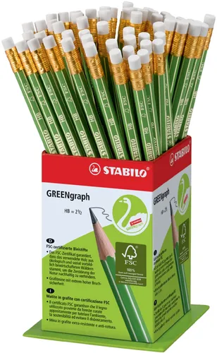 STABILO Bleistift GREENgraph HB 60er Display mit Radierer - 60 hochwertige Bleistifte im Display, umweltfreundlich und mit praktischem Radierer für kreative Köpfe.