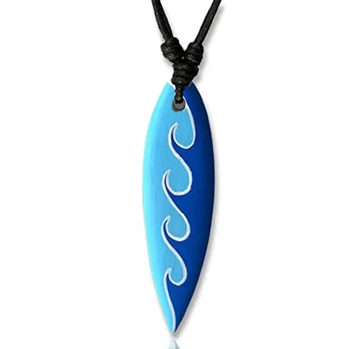viva-adorno Halskette Surfbrett Holzanhänger Baumwollband Surfer Kette Länge verstellbar HK30, D9 Wellen Blau/Hellblau