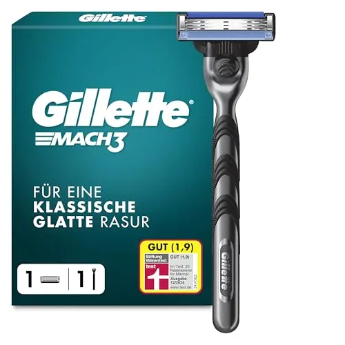Gillette Mach3 Nassrasierer Herren - Rasierer für Herren mit 3-fach Klinge für eine gründliche Rasur und weniger Hautirritationen. Enthält 1 Ersatzklinge für bis zu 15 Rasuren. Hochwertiges Edelstahl-Design.