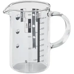 WMF Messbecher aus Glas mit Messskala für Backen und Kochen - Praktischer WMF Messbecher aus hitzebeständigem Glas mit 4 Messskalen (Liter, Milliliter, Tassen, Gramm). Ideal zum präzisen Abmessen von Zutaten und für eine einfache Umsetzung Ihrer Rezeptideen.