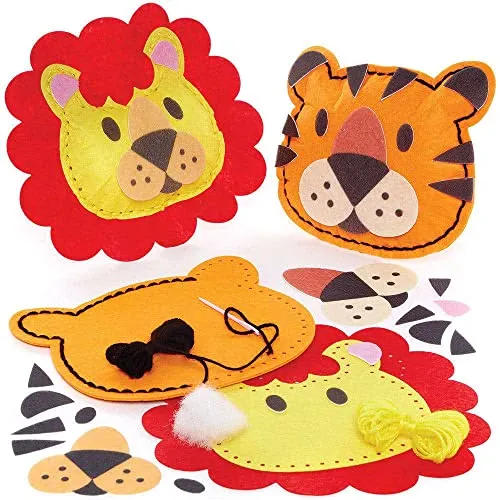 Baker Ross FC883 Löwe und Tiger Kissen Nähset - 2er Pack, Bastelset zum Nähen für Kinder