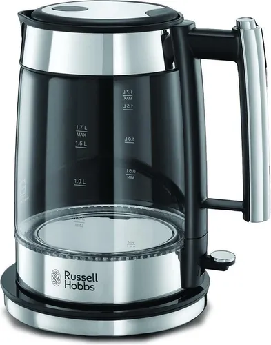 Russell Hobbs Wasserkocher Glas Design 1,7l - Elegante Edelstahl-Applikationen, blaue LED-Beleuchtung und herausnehmbarer Kalkfilter für stilvolles Kochen