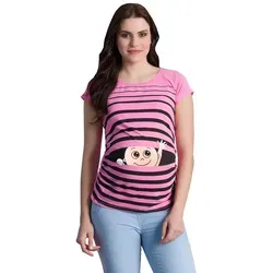 Winke Winke Baby - Lustige witzige süße Umstandsmode gestreiftes Umstandsshirt mit Motiv für die Schwangerschaft Schwangerschaftsshirt, Kurzarm (Rosa, Medium)