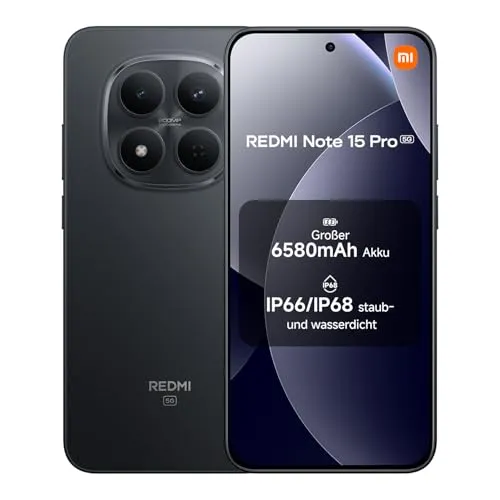 XIAOMI Redmi Note 15 Pro 5G Smartphone (8+512 GB) – Handy mit Android, 6580-mAh-Akku, IP66/IP68 Staub- und Wasserschutz, Neue 200-MP-Kamera, 6,83" AMOLED-Display, Schwarz, 2 Jahre Garantie