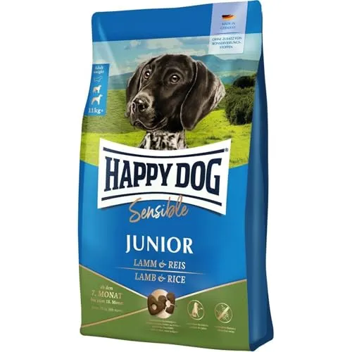 Happy Dog Sensible Junior mit Lamm und Reis Hundefutter 10 kg - Hundefutter für Junghunde, reich an schmackhaftem Lamm und leicht verdaulichem Reis, ideal für eine gesunde Entwicklung.