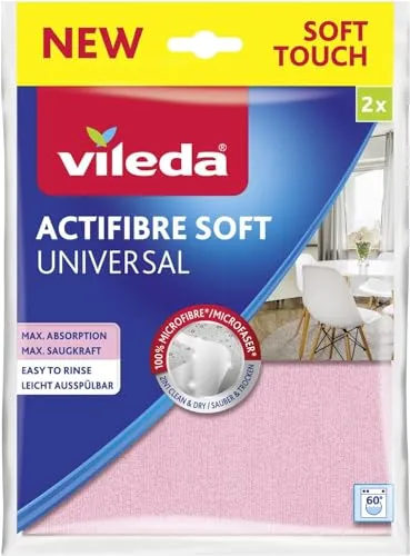 Vileda Actifibre Soft Universal Mikrofasertuch 2er Pack - WIEDERVERWENDBARE REINIGUNGSTÜCHER - Hochwertiges Mikrofasertuch für streifenfreie Ergebnisse, hohe Saugkraft und vielseitige Anwendung auf allen glatten Oberflächen.