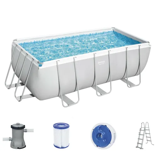 Bestway Power Steel Frame Pool-Set mit Filterpumpe - 412 x 201 x 122 cm - Swimmingpools: Robuster Pool aus 3-lagigem TriTech-Material, ideal für die ganze Familie mit einer Wasserkapazität von 8.124 Litern und einfacher Filterpumpen-Anschluss.