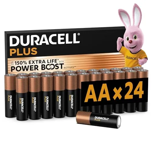 DURACELL Plus AA-Batterien (24er-Pack) – Langlebige Alkaline-Batterien 1,5 V - Batterien für Alltagsgeräte mit bis zu 150 % längerer Lebensdauer dank POWER BOOST Actives. Nachhaltige Verpackung, recycelbar und 10 Jahre lagerfähig.