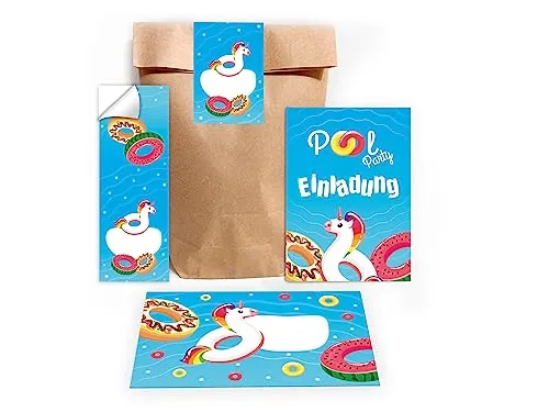 Limonia 12 Einladungskarten zum Kindergeburtstag Pool-Party Einladung Karten zum Geburtstag Bad Mädchen Jungen Schwimmbad Einhorn Donut incl. 12 Umschläge, 12 Tüten, 12 Aufkleber