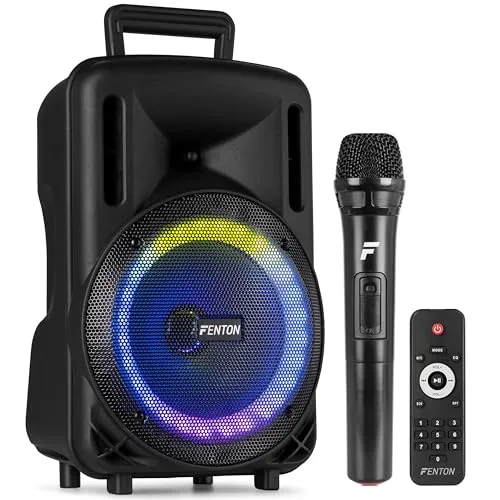 Fenton FT08LED MK2, Party Box Bluetooth Lautsprecher 300W, Musikbox Bluetooth Groß, 8" LED Subwoofer, Mikrofon, Akku & Netzbetrieb, AUX/Gitarren Eingang, USB Media-Player, Stereo-Pairing, Partybox
