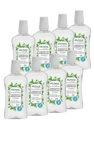 alkmene Kariesschutz Mundspülung mit Bio Wasserminze - Mundspülung vegan mit 6-fach Schutz ohne Alkohol, Silikone, Parabene, Mineralöl, PEGs, SLS, SLES im 8er Vorteilspack (8x 500 ml)