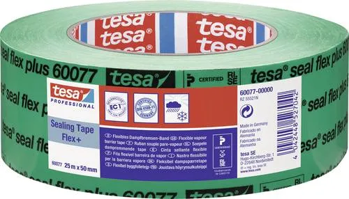 Tesa 60077 Dampfbremsen-Band 25m x 50mm - Klebstoffe: Hochwertiges PE-Dichtungsband zur luftdichten Versiegelung von Dampfsperren, alterungsbeständig und emissionsarm für optimale Feuchtigkeitskontrolle.